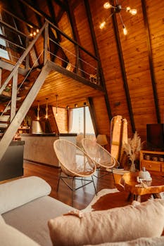 Warm and inviting A-frame cabin with rustic wooden decor and modern furnishings.