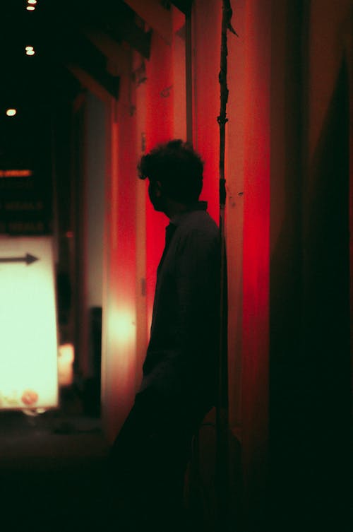 Silhouette of Person Standing Behind Red Curtain