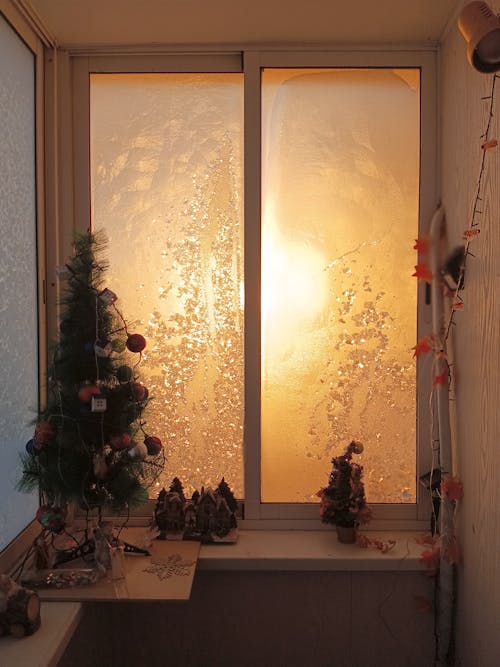 Christmas Tree and Decorations by the Window Covered in Ice