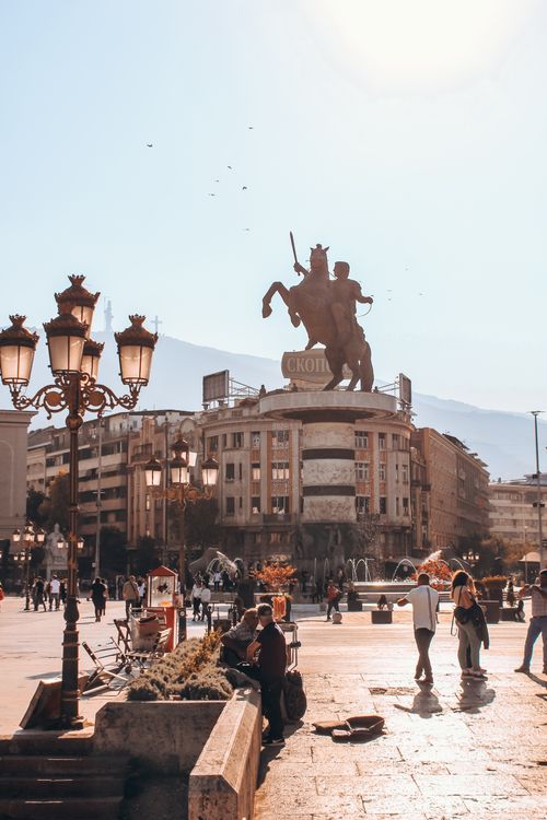 Free Majestic view of Alexander the Great statue in Skopje's main square during a sunny summer day. Stock Photo
