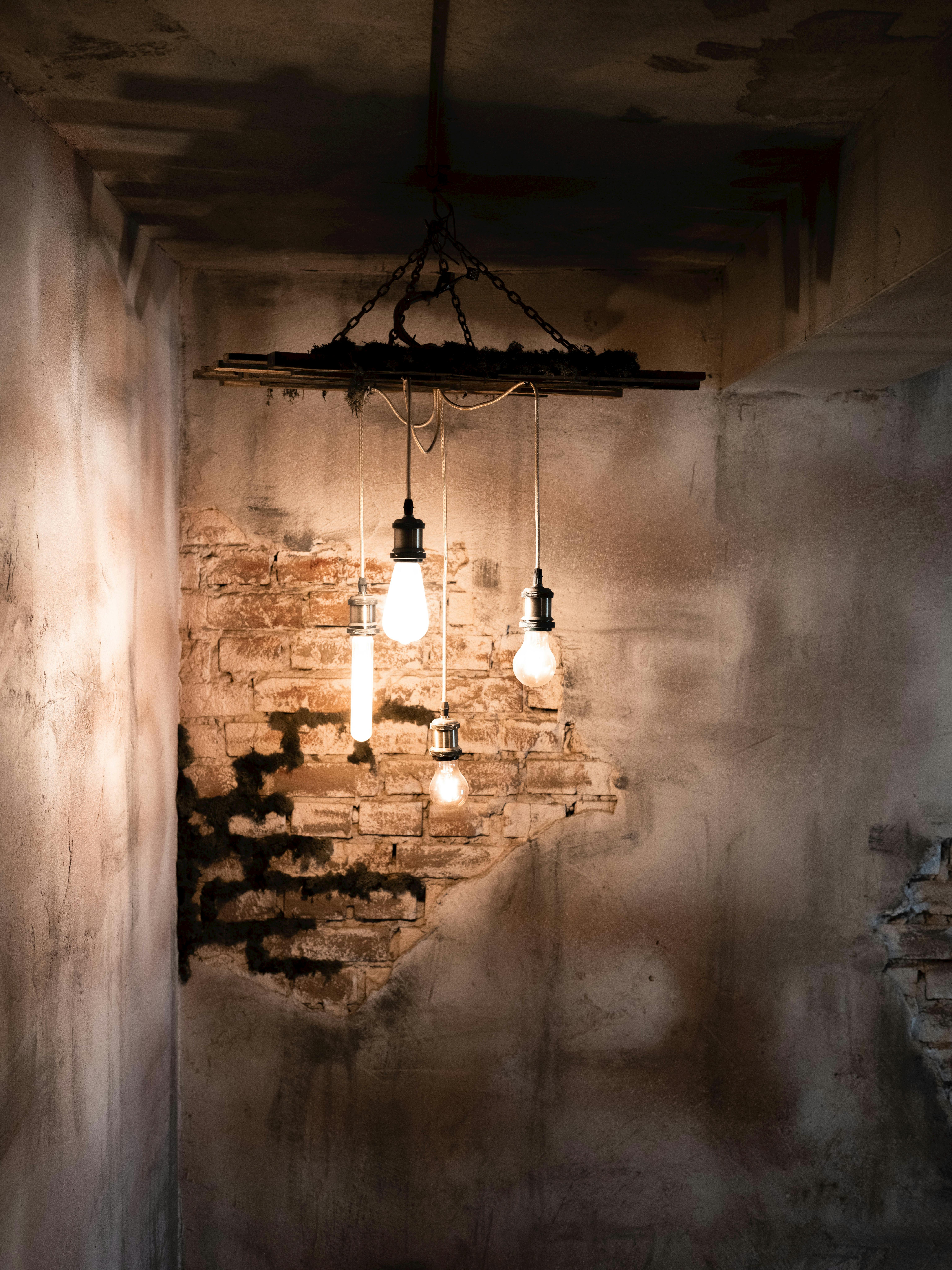 Light Bulbs Hanging on Ropes in an Abandoned Building · Free Stock Photo
