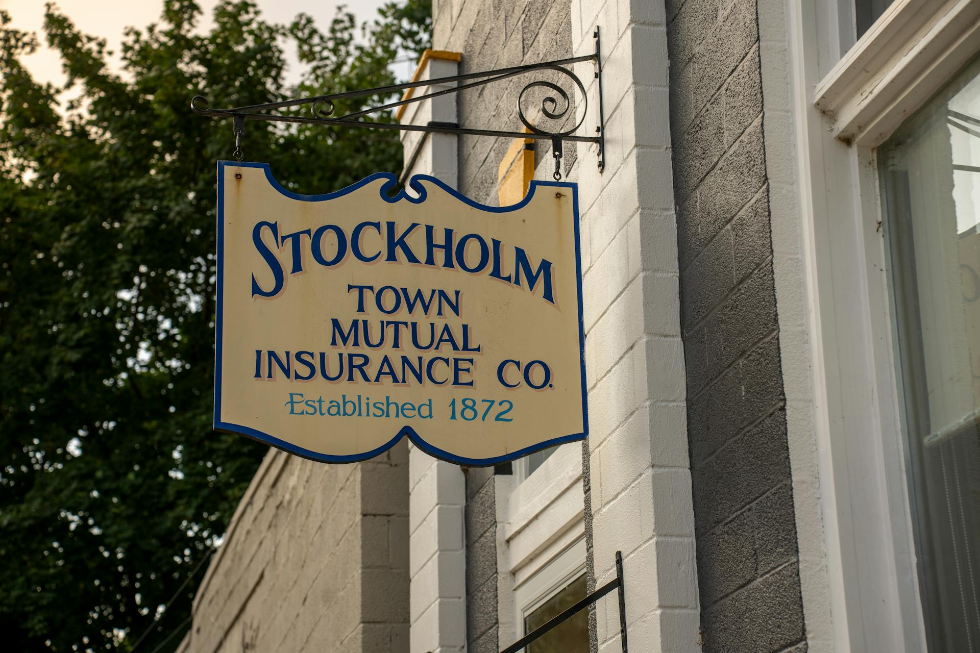 Sign of Stockholm Town Mutual Insurance Co established 1872 in Stockholm, WI.