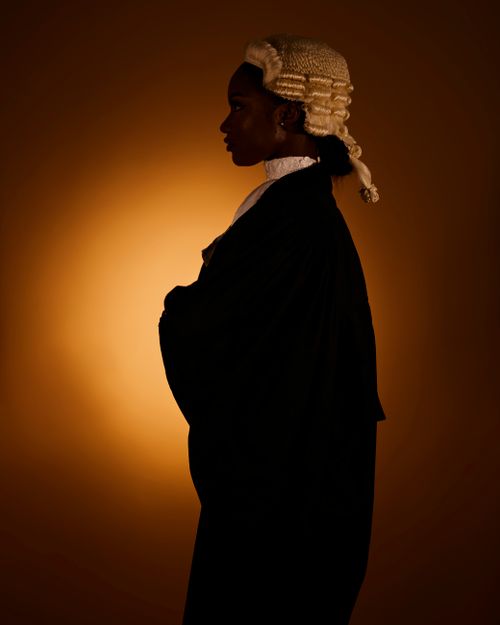 Free Silhouette of a woman in a historic black coat and white wig against a warm backdrop. Stock Photo
