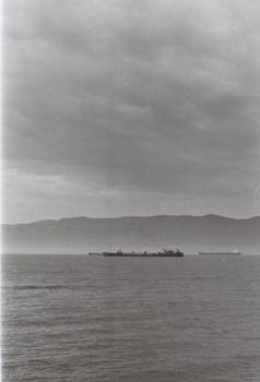 Black and white photo of cargo ships in a serene ocean setting with cloudy skies.