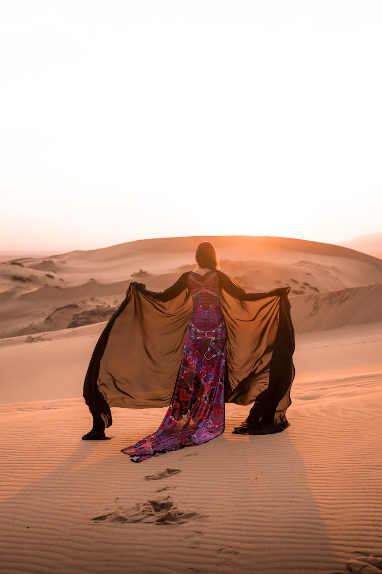 Back View Of A Woman In A Patterned Dress Standing In The Desert At Sunset 