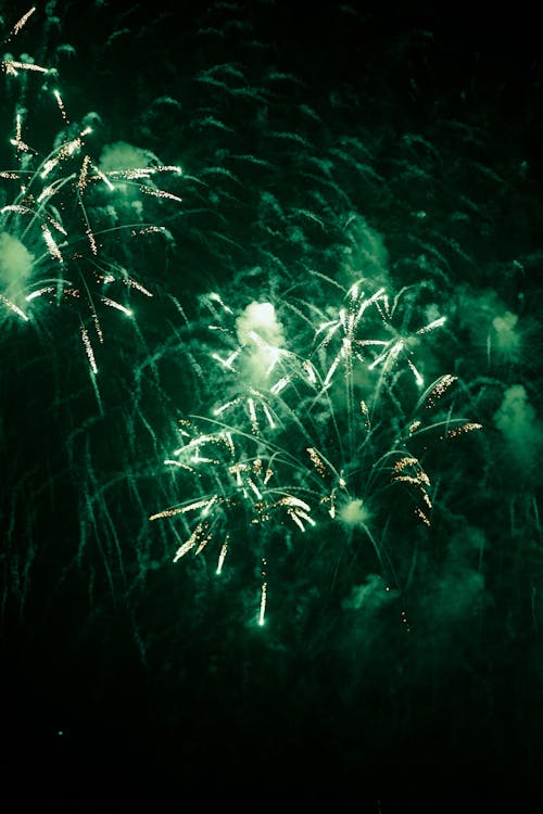 Green Fireworks in Night Sky