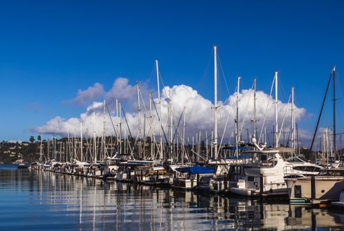 Free A vibrant harbor scene with yachts docked at a marina under a clear blue sky. Stock Photo
