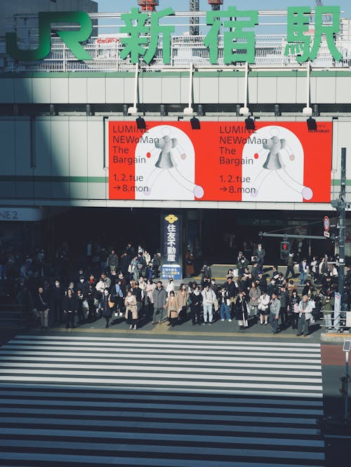 Crowd of People Waiting in Front of a Wide Pedestrian Crossing