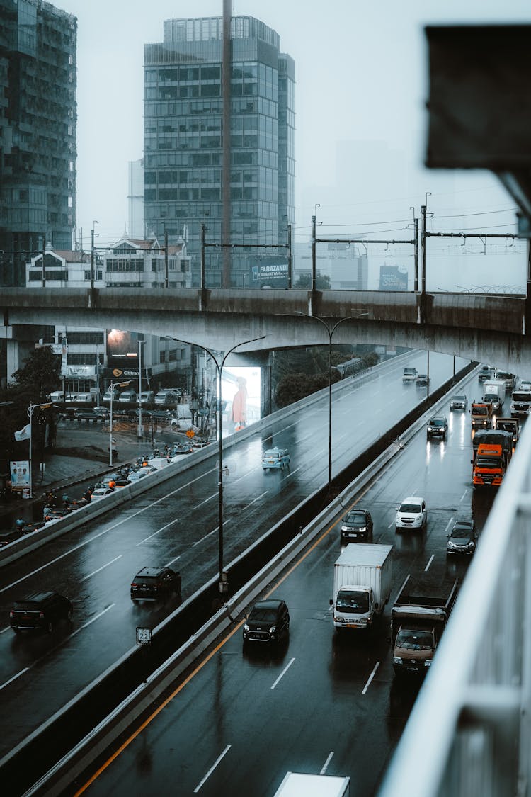 Bridge Over Highway On A Rainy Day