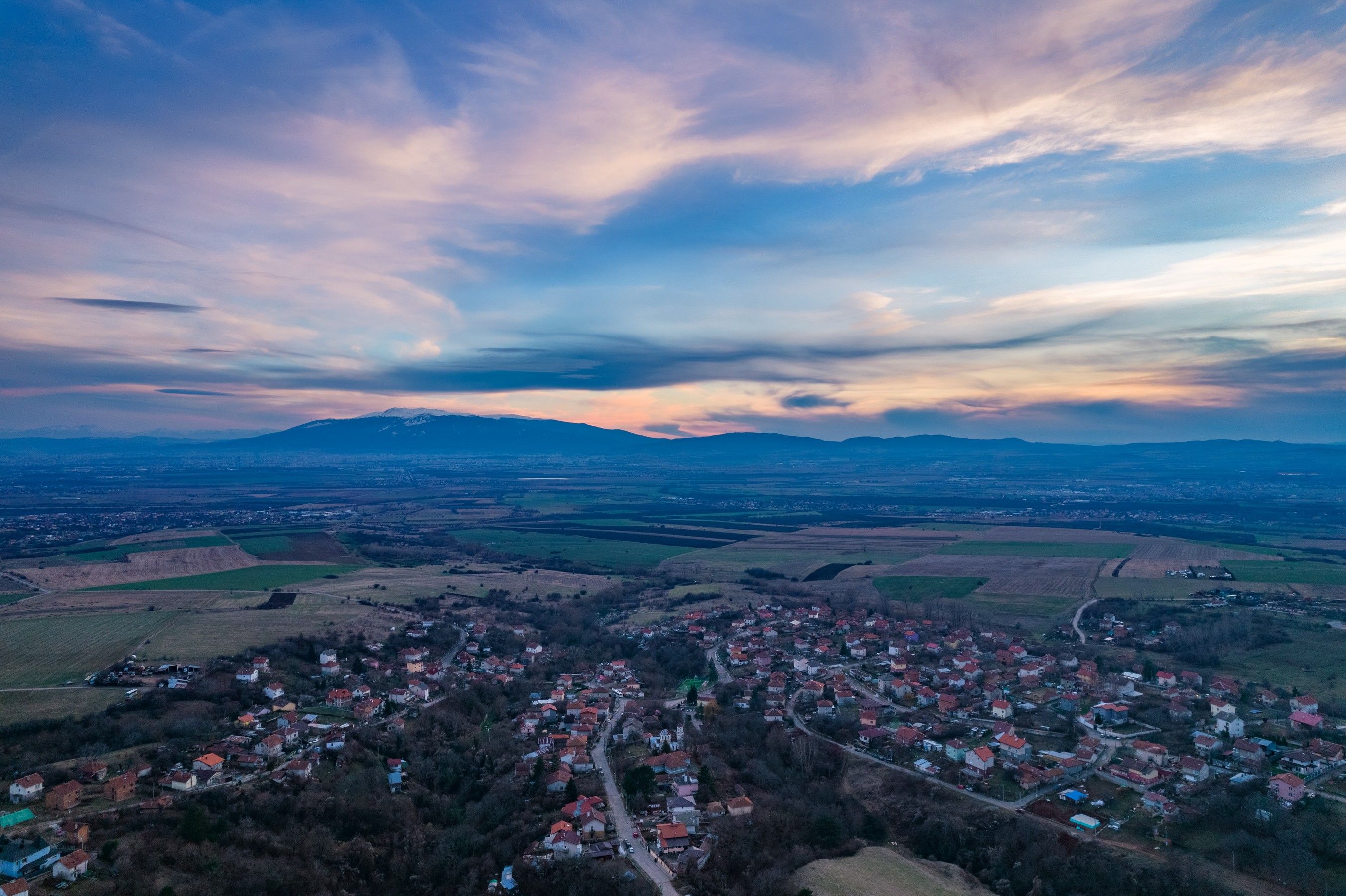 Vitosha mountain seen at sunset from the roof of NDK in central Sofia