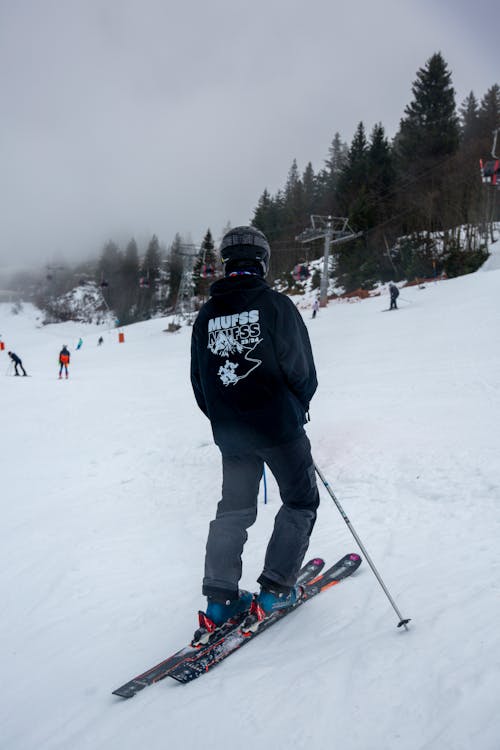 Back View of a Skier Standing on a Slope