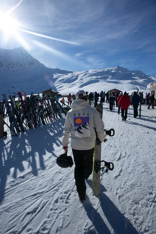 Back View of Skiers in Snowy Mountains
