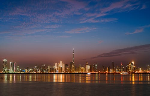 Illuminated Downtown of Dubai with Burj Khalifa