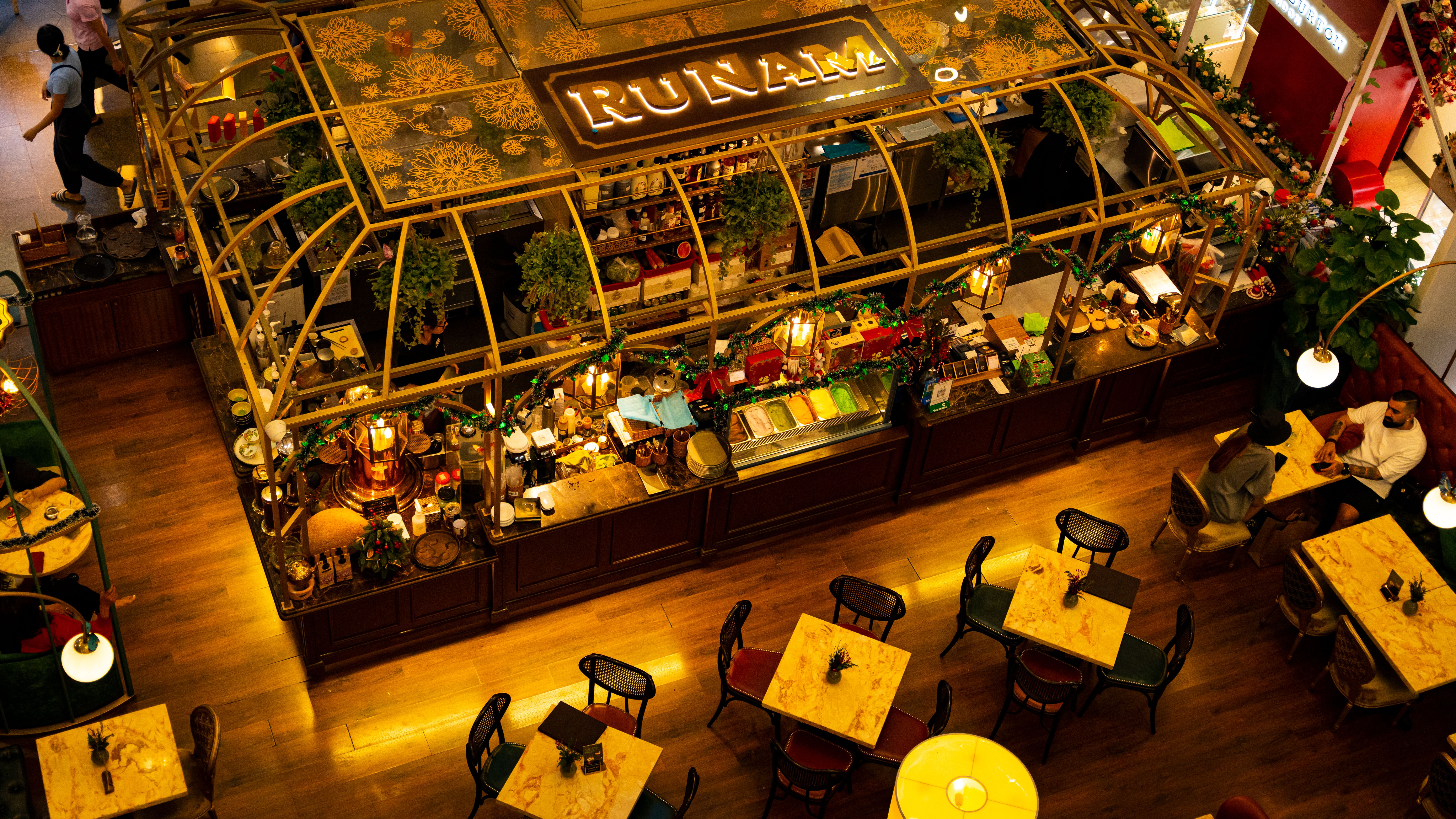 Aerial view of Runam Bistro with elegant interior and dining setup in Vietnam.