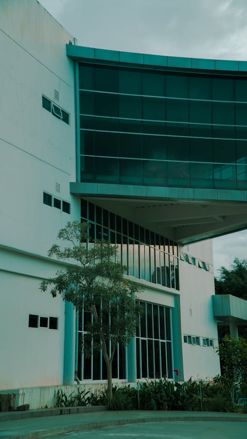 Free A building with a large glass window and a green roof Stock Photo