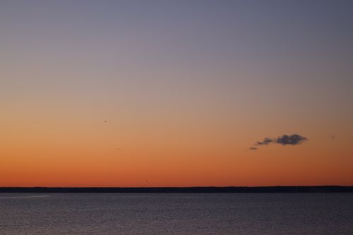 Free A serene sunset over a calm sea with a gradient sky and wispy clouds. Stock Photo