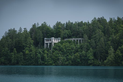 A peaceful forest setting with an architectural ruin near Lake Bled, Slovenia.
