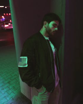 Young man in a jacket leaning against a wall under neon lights at night in an urban setting.