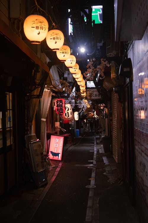 A Narrow Alley with Hanging Lantern in a Japanese City at Night 