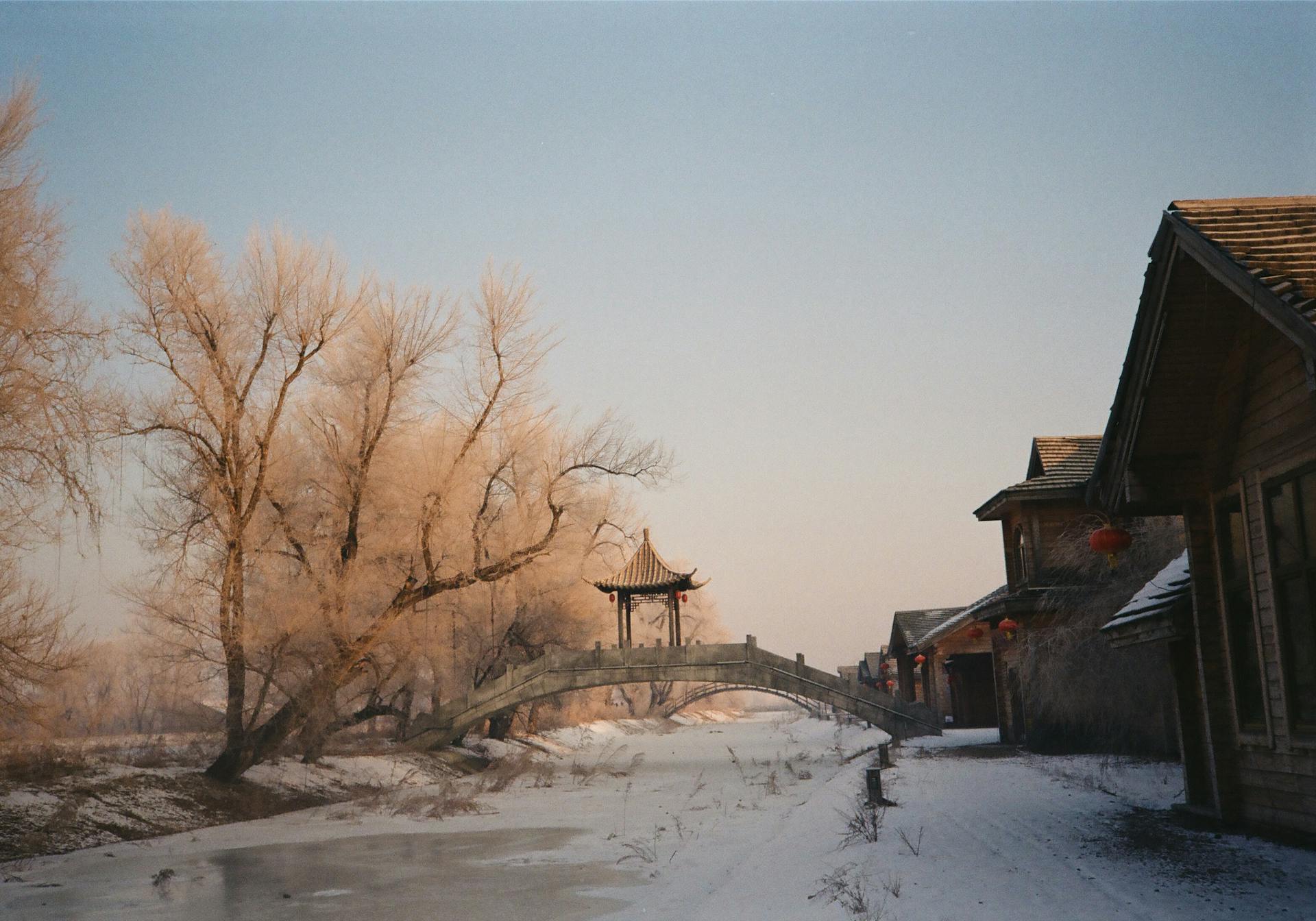 Peaceful winter landscape featuring a traditional Chinese footbridge over a frozen river.