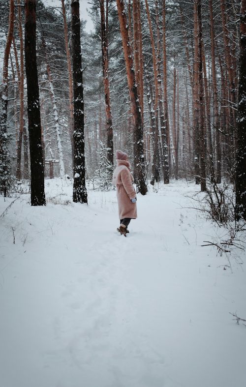 Free Woman in pink coat standing in snowy forest, showcasing winter fashion. Stock Photo
