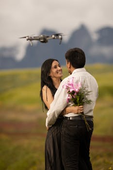 Couple embracing outdoors with drone capturing the scene and mountains in the background.