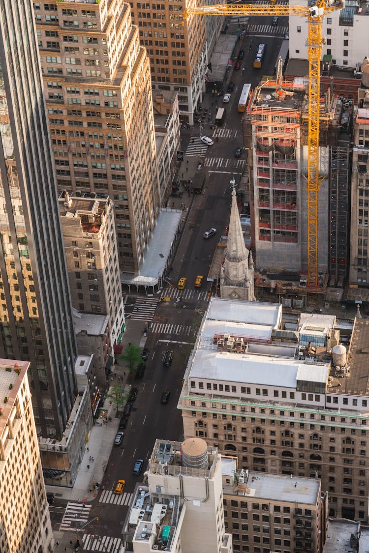 Aerial View Of Streets And Buildings In New York City, New York, USA