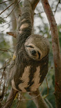 Three-toed sloth captured in its natural habitat, hanging from a tree in Pucallpa, Peru.