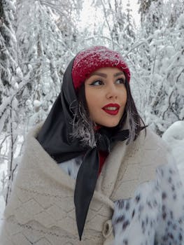 A woman in warm clothing and makeup smiles in a snowy forest.