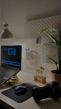 A contemporary office desk setup featuring a laptop, camera, and potted plant in Ankara, Türkiye.