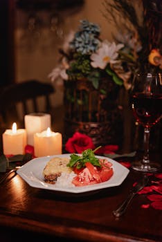 Cozy romantic dinner setup with candles, food, and a glass of wine for a perfect evening.