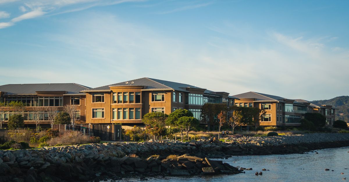 Stunning office complex located by the tranquil seashore with rocky coastline.
