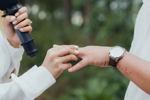 Close-up of a couple exchanging rings, symbolizing love and commitment during a wedding ceremony.