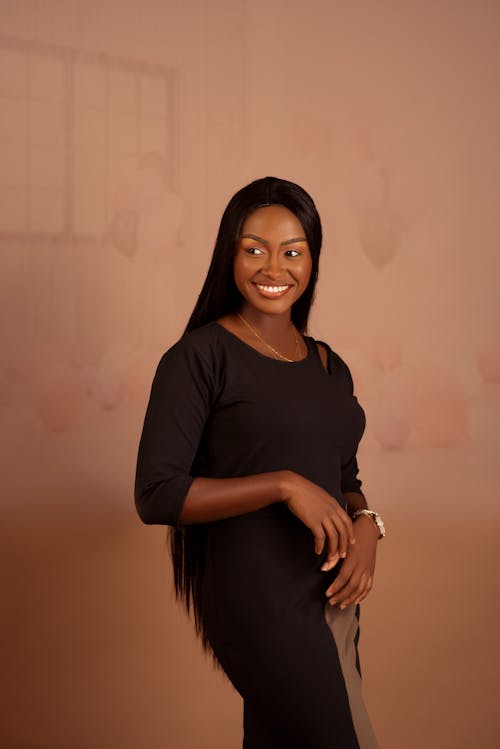 Happy Woman in Black Dress