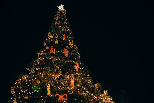 Free A beautifully decorated Christmas tree with lights and ornaments at night in Kyiv, Ukraine. Stock Photo