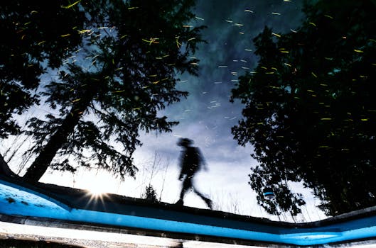 A person walking against a dramatic dusk sky. Silhouette effect with trees and sky reflection.