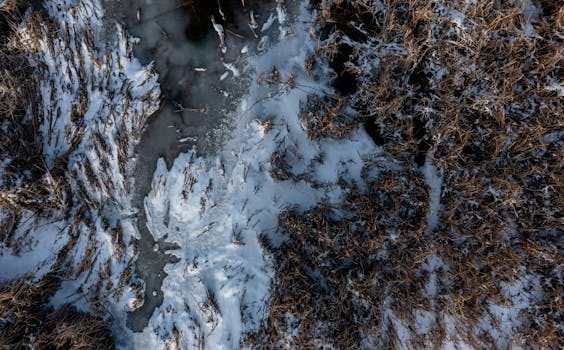 A top-down aerial view of snow-covered grass and frozen ground in Santa Fe, showcasing a frosty winter scene.