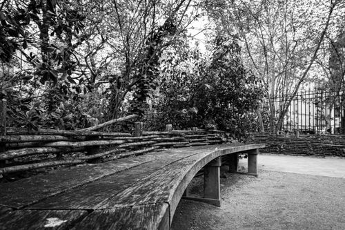 Free A quiet urban park with an empty curved wooden bench and trees. Stock Photo