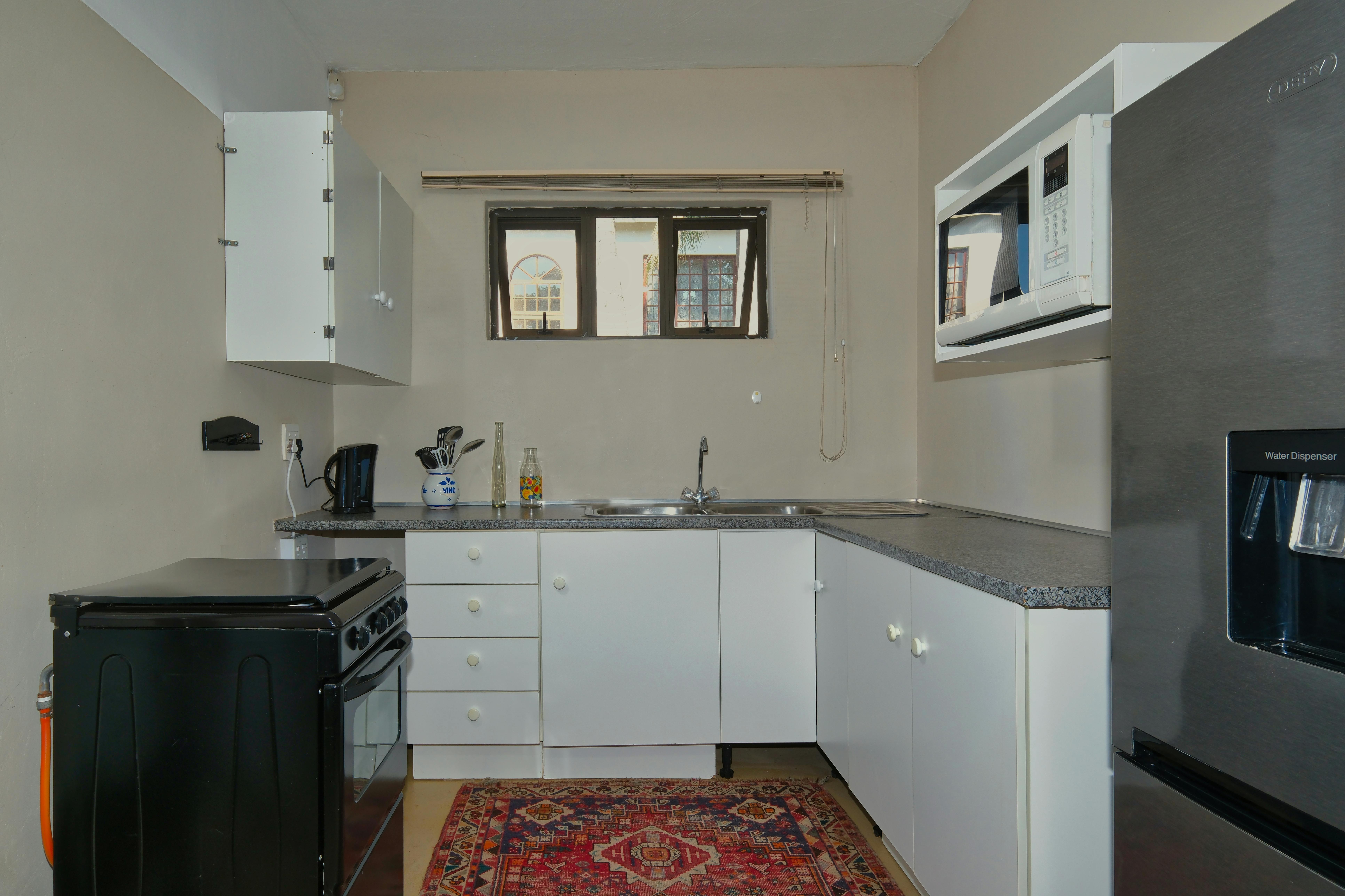 Explore a modern compact kitchen interior featuring essential appliances and a colorful rug, ideal for small spaces.