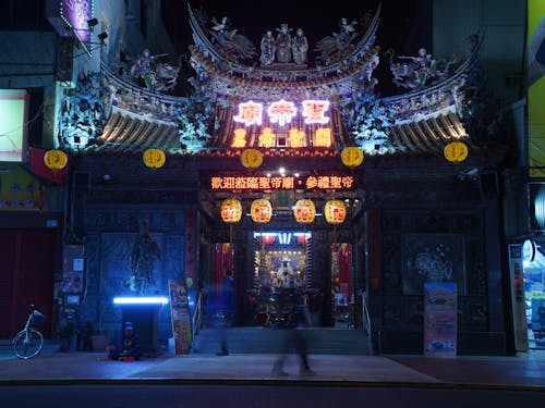 Facade of an Illuminated Temple in Taiwan 