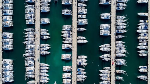 Aerial View of Rows of Boats Moored in a Harbor