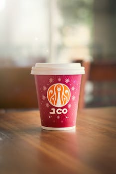 A vibrant red disposable coffee cup with J Co logo on wooden table in a café setting.