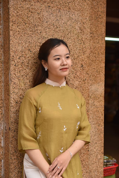 Model in an Embroidered Green Ao Dai Tunic