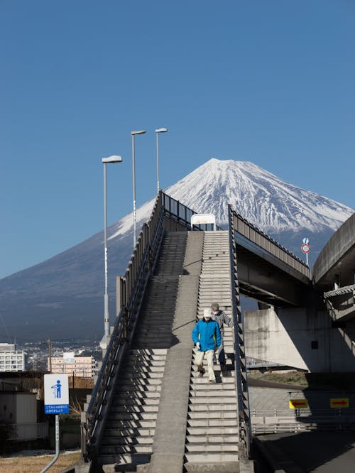 People on Steps with Mount Fuji in Background
