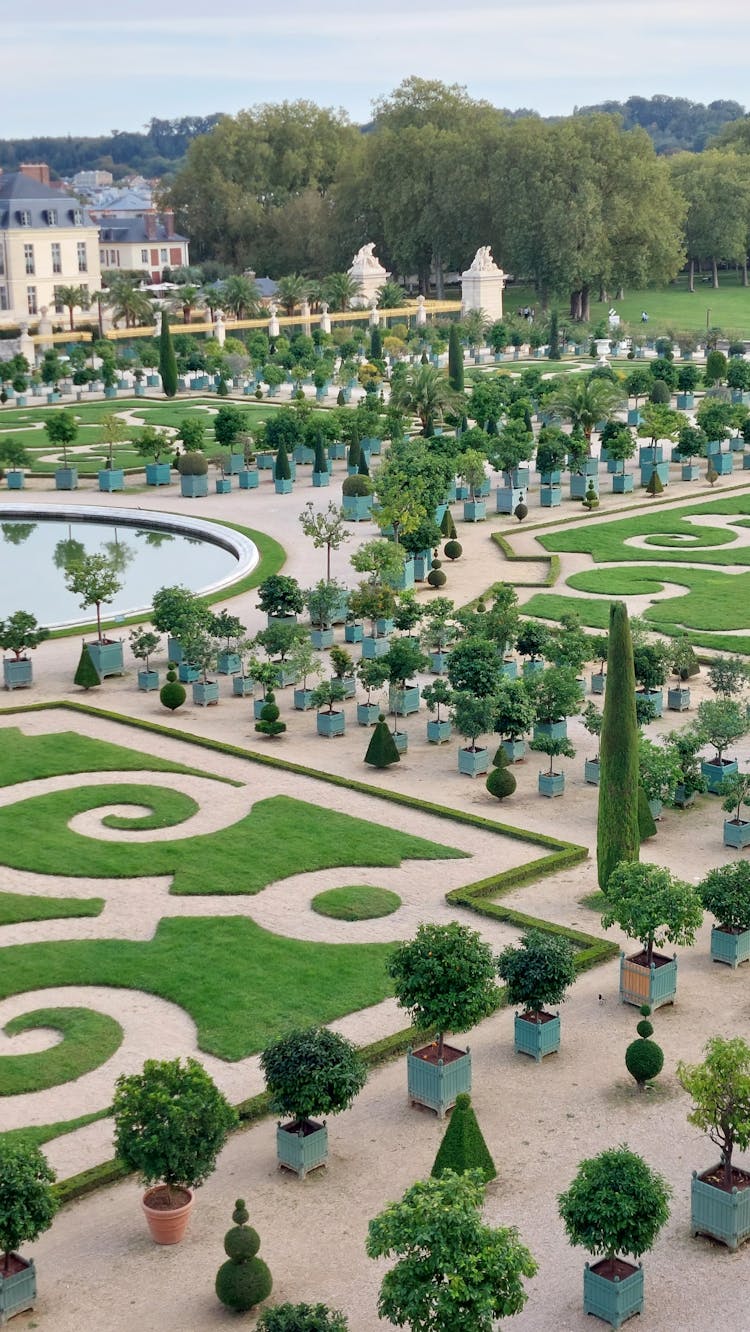 Aerial View Of The Gardens Of Palace Of Versailles, Paris, France 