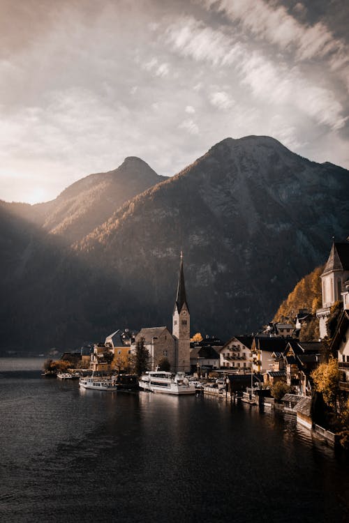 Picturesque Town by a Mountain Lake