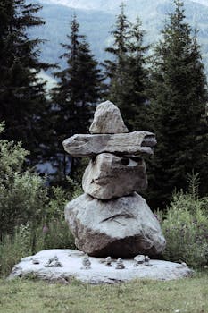 Large stack of balanced stones surrounded by a dense coniferous forest with mountains in the background. by eberhard grossgasteiger