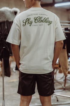 A fashionable man in a white t-shirt and shorts, showcasing urban streetwear style from behind.