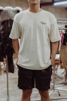 Young man wearing a white t-shirt and black shorts, standing in a clothing store.