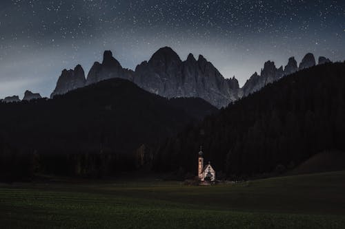 Small Church in Valley with Mountain Range in Backg